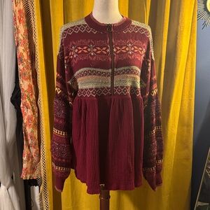 Free People Burgundy and Cream Sweater